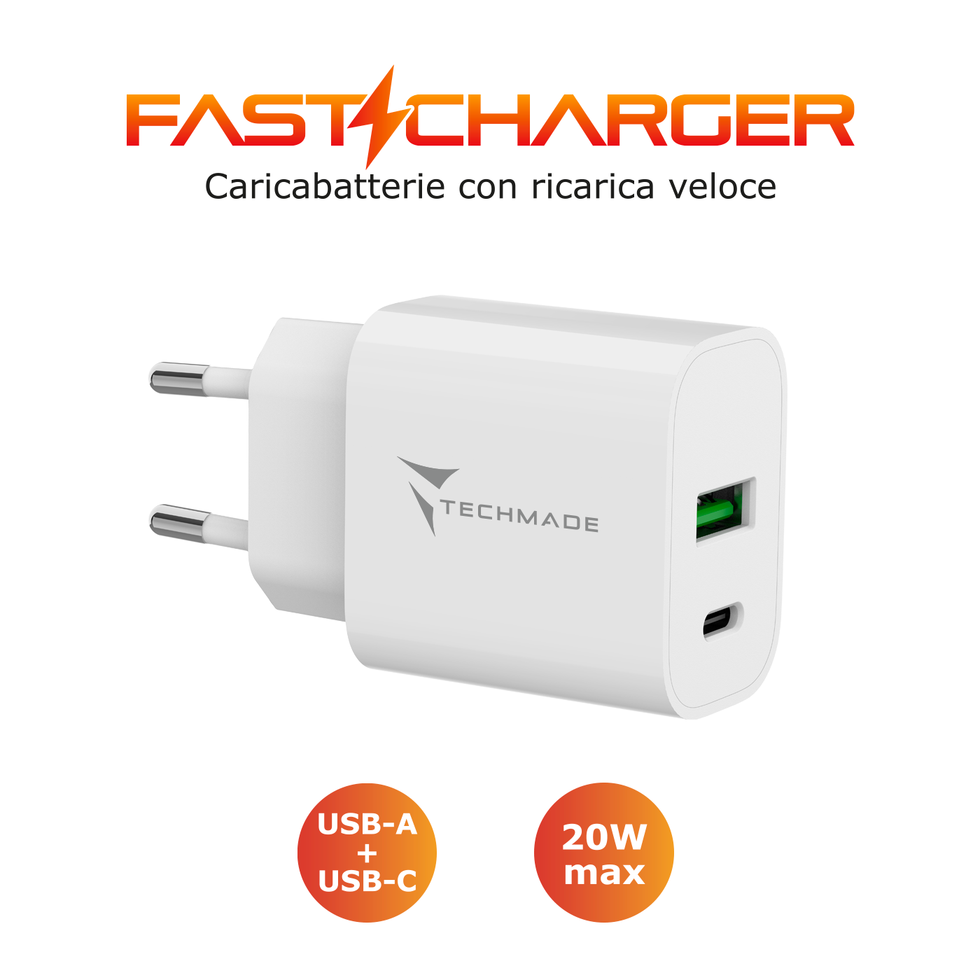 Caricabatterie FastCharger (20W) Techmade Tm-389 con USB-C e USB-A