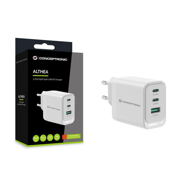 conceptronic-althea21w65-caricatore-gan-65w-3-porte-2x-usb-c-1x-usb-a-bianco-althea21w65 Caricabatterie Conceptronic Althea21W65 65W 3 Porte: 2 USB-C, 1 USB-A
