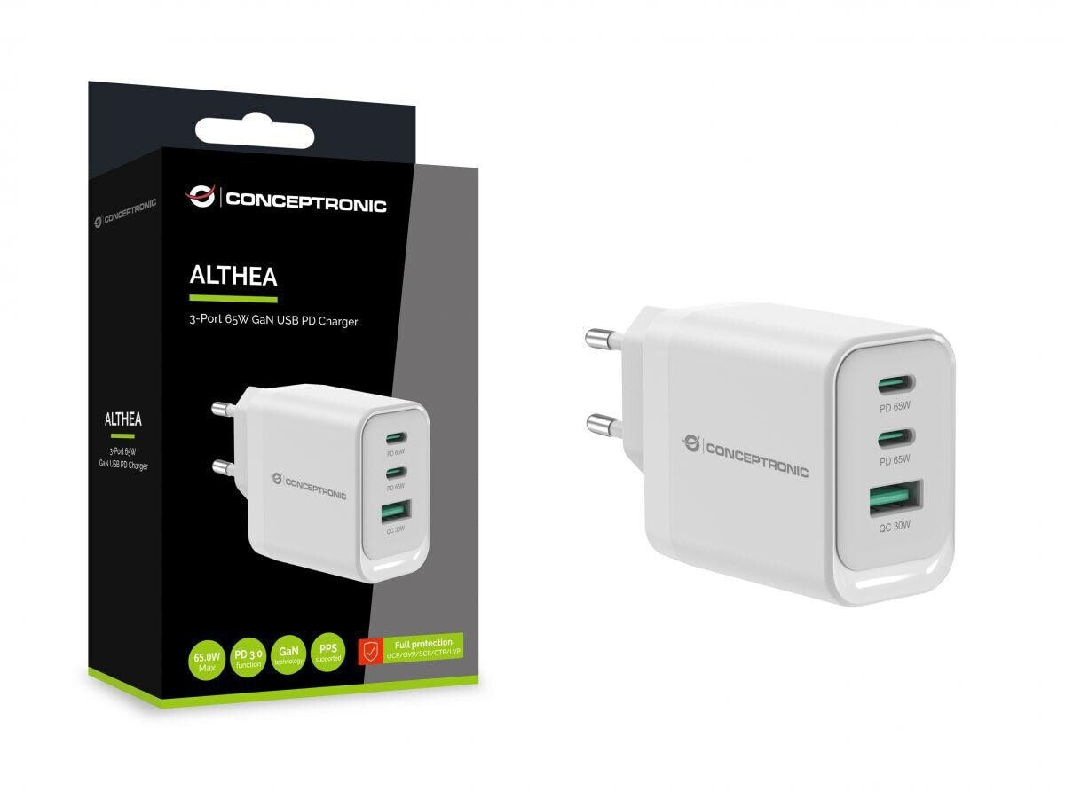 conceptronic-althea21w65-caricatore-gan-65w-3-porte-2x-usb-c-1x-usb-a-bianco-althea21w65 Caricabatterie Conceptronic Althea21W65 65W 3 Porte: 2 USB-C, 1 USB-A
